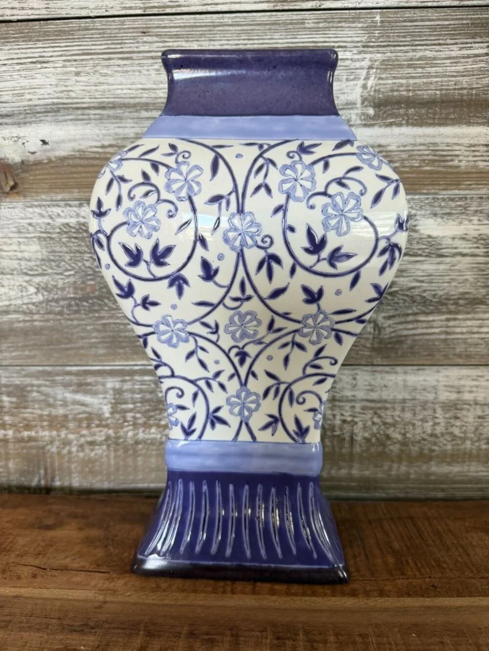 Oriental Accent Vase Chinoiserie Blue White Floral Motif Trellis Pattern Vintage